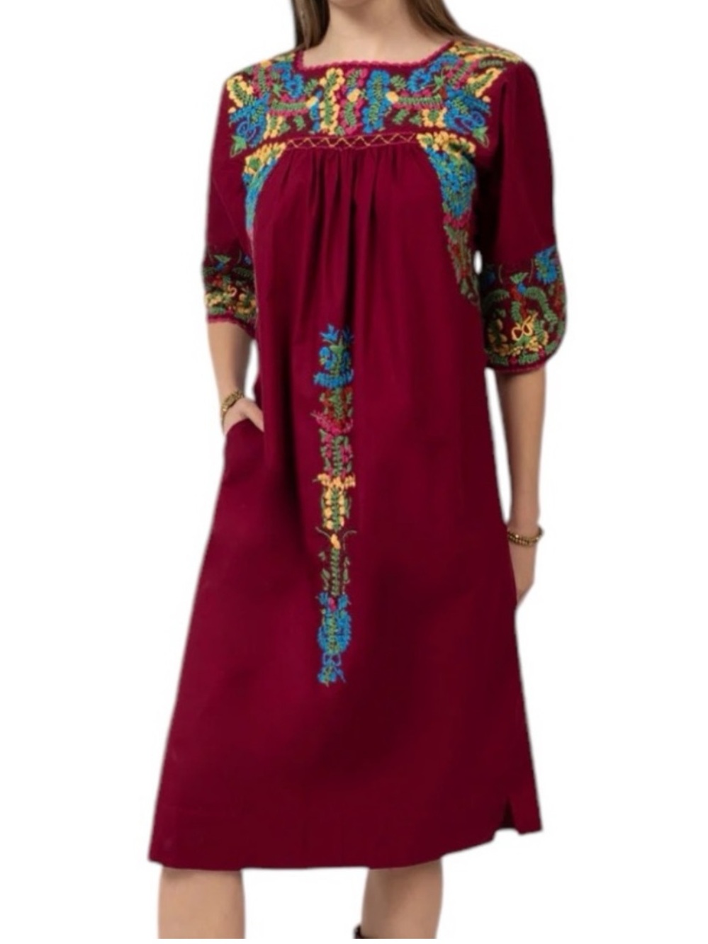 SISTER MARY womens midi floral embroidered dress 3/4 sleeve Size M